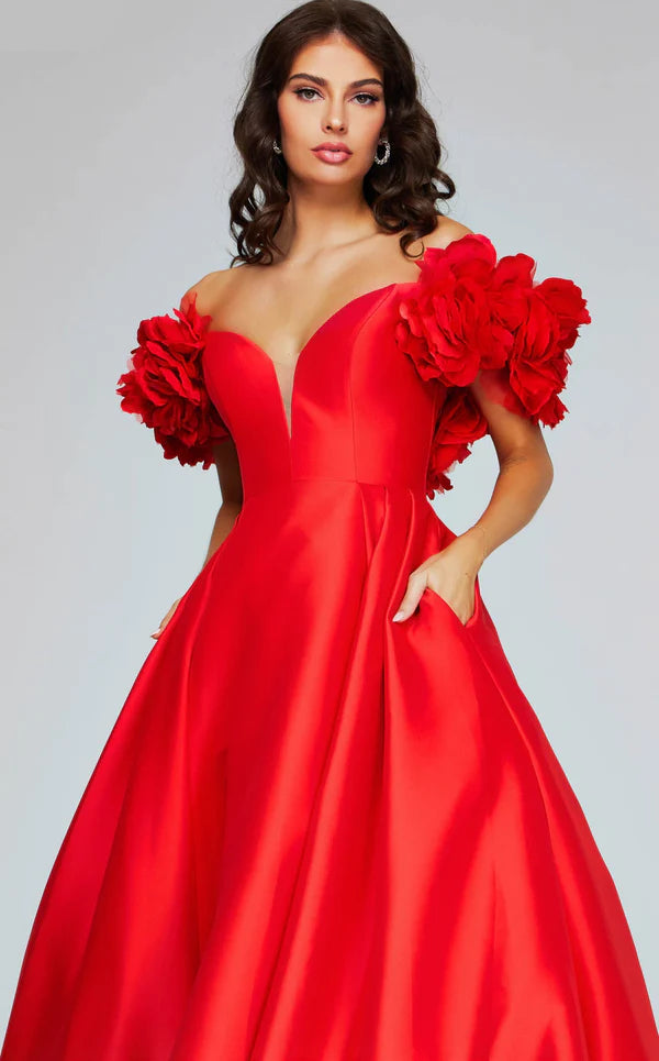 V Neck Off the Shoulder Sweep/Brush Train Prom Dress